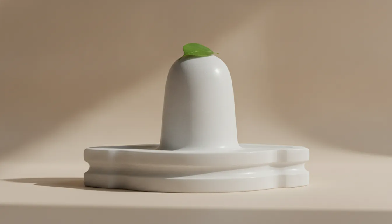 Elegant minimalist white marble shivling against a clean neutral background.