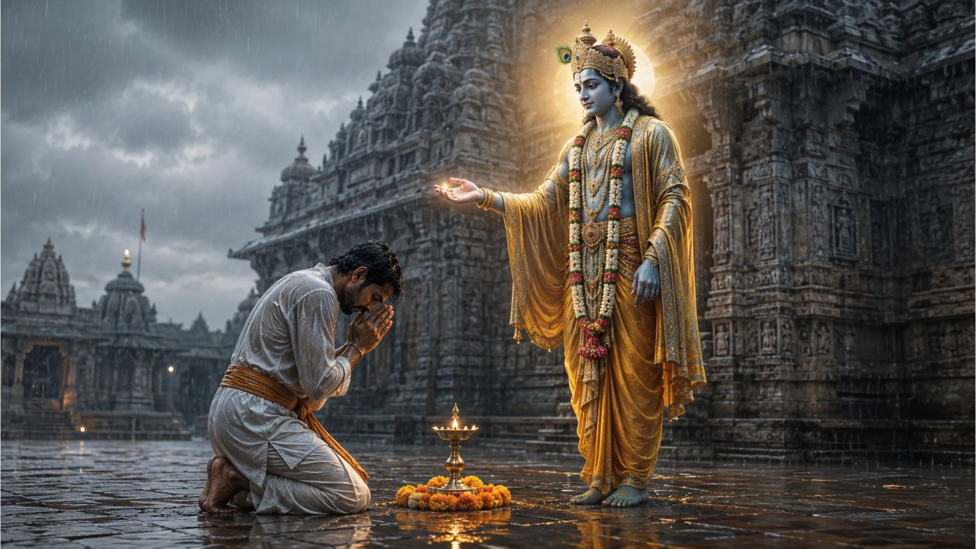 Glimmering divine figure blessing a wet devotee outside a rainy temple