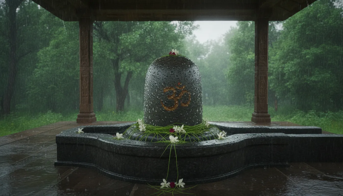 Fresh monsoon season Omkareshwar shivling image covered in glistening fresh raindrops and green foliage.