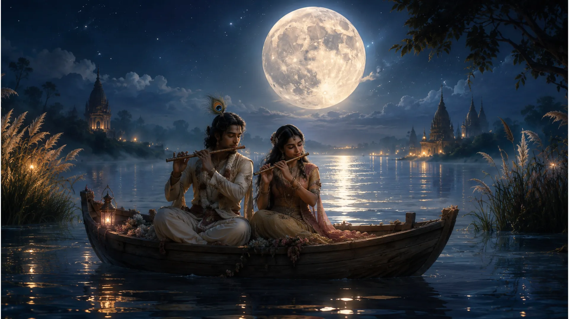 Silhouette art of a traditional couple playing flutes on a boat under a giant full moon.