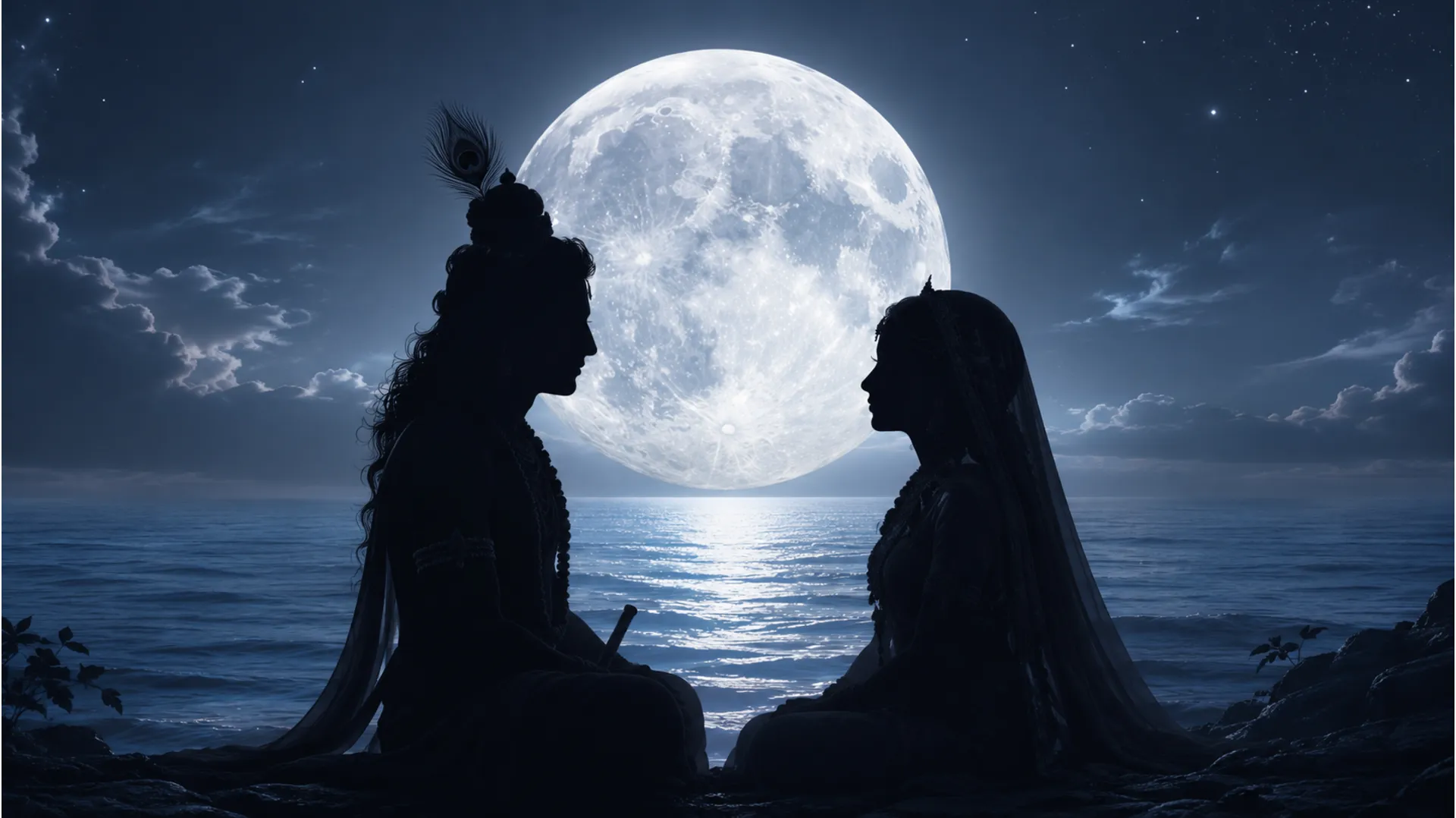 Devotional silhouette of two figures facing each other with a full moon over the ocean.