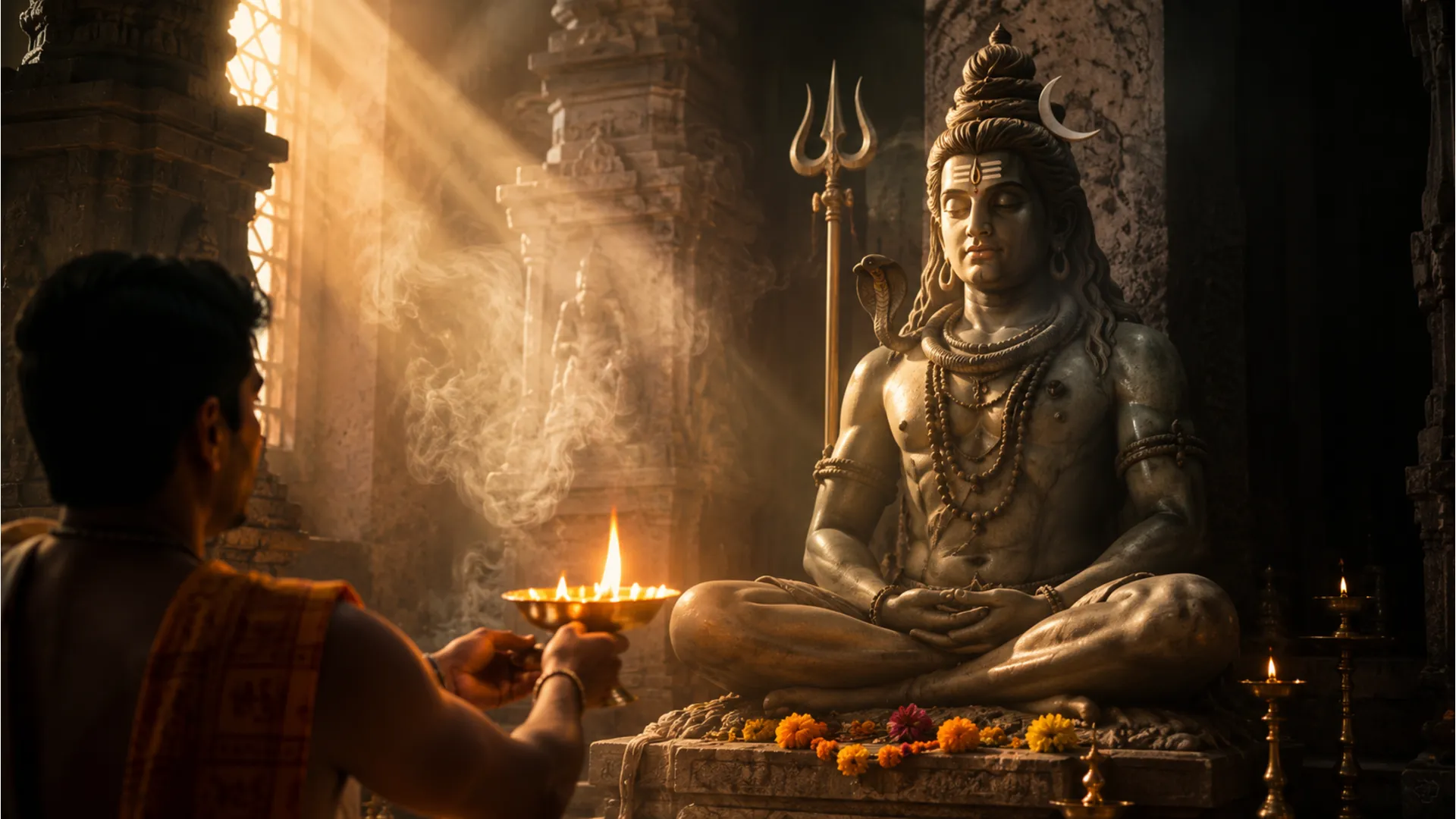 A devotee holding an aarti lamp in front of a stone idol of meditating Shiva during sunrise