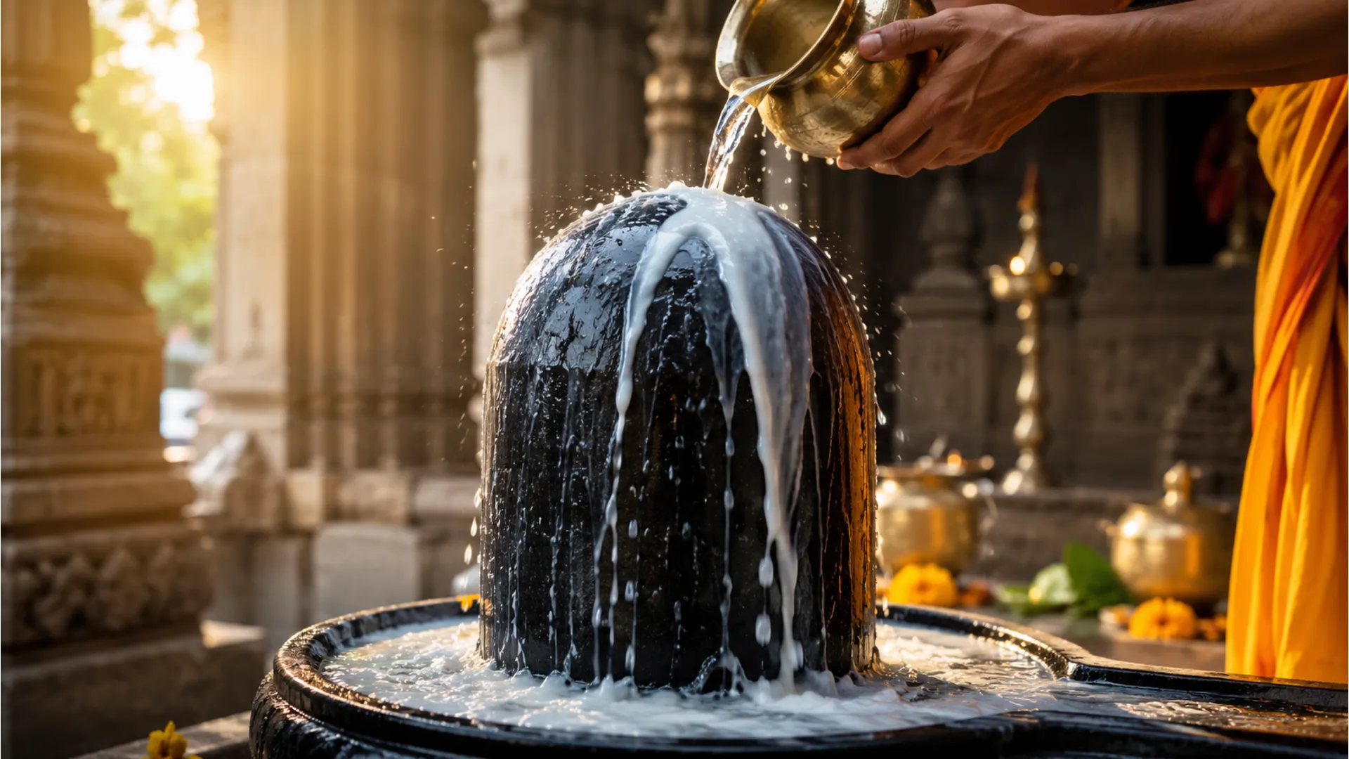 Pure gangajal and milk being poured over Deoghar shivling during morning ritual.