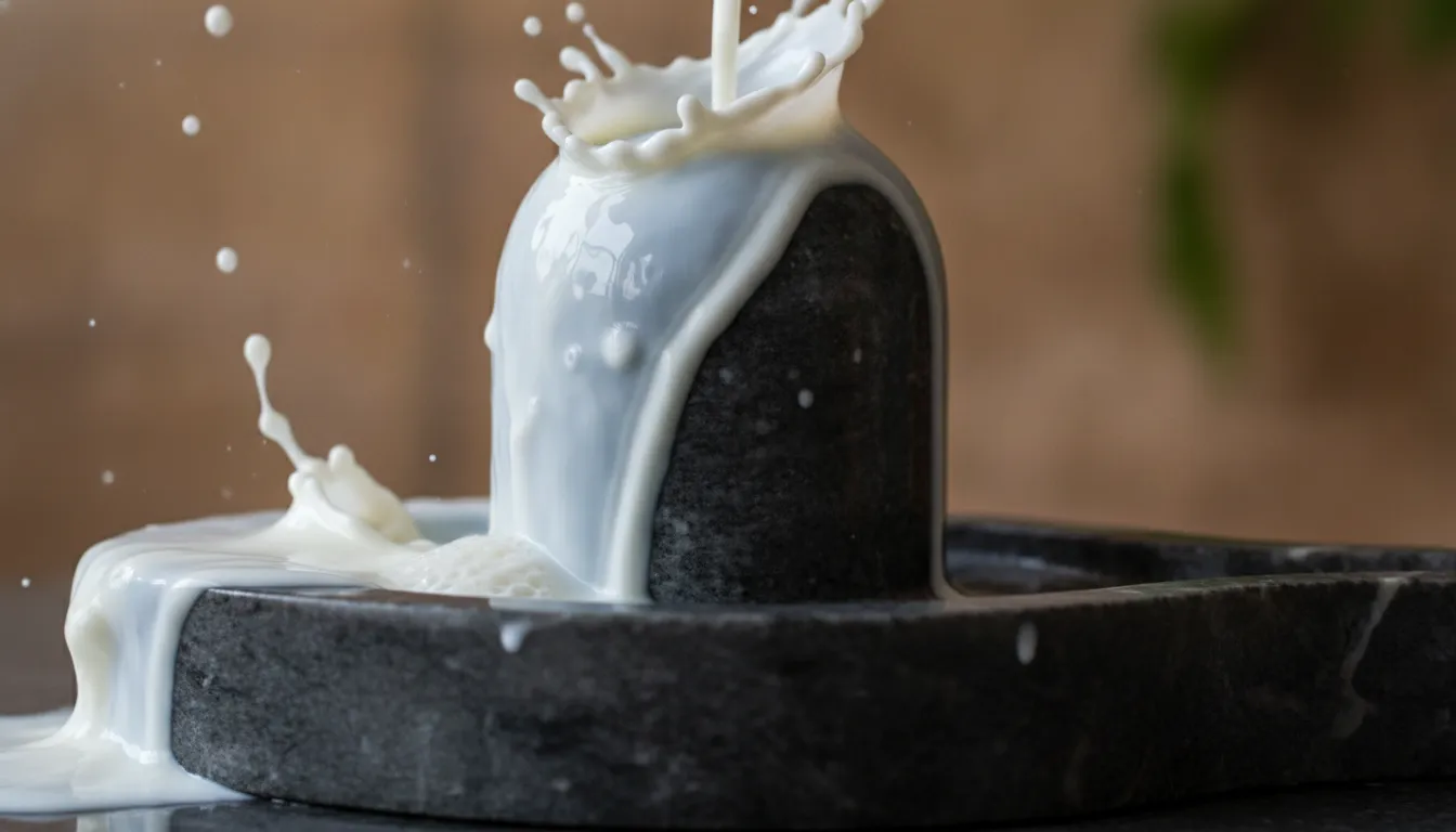 High resolution sawan shivling image with a thin stream of fresh milk pouring over it.