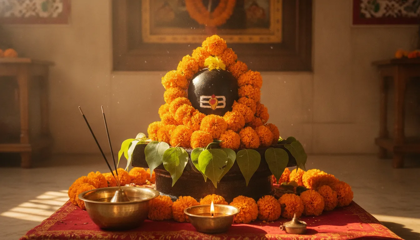 Intricate morning worship scene featuring a Shivling beautifully decorated with fresh marigolds and green Bilva leaves