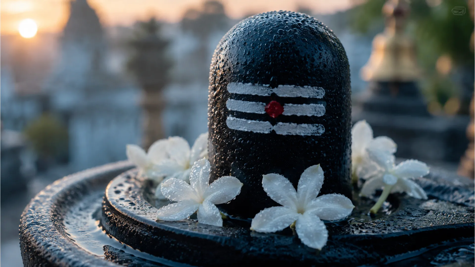 Small black image shivling covered in fresh white jasmine flowers and dew drops