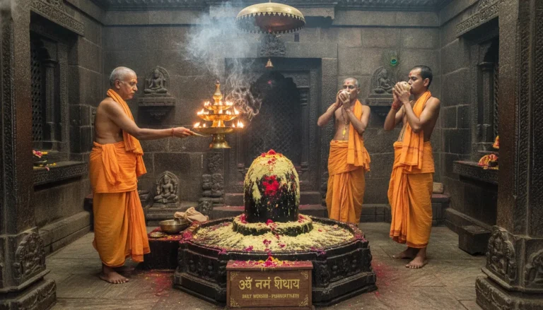 Devotional images of shivling at pashupatinath temple during the early morning traditional Vedic aarati and ritual prayers.