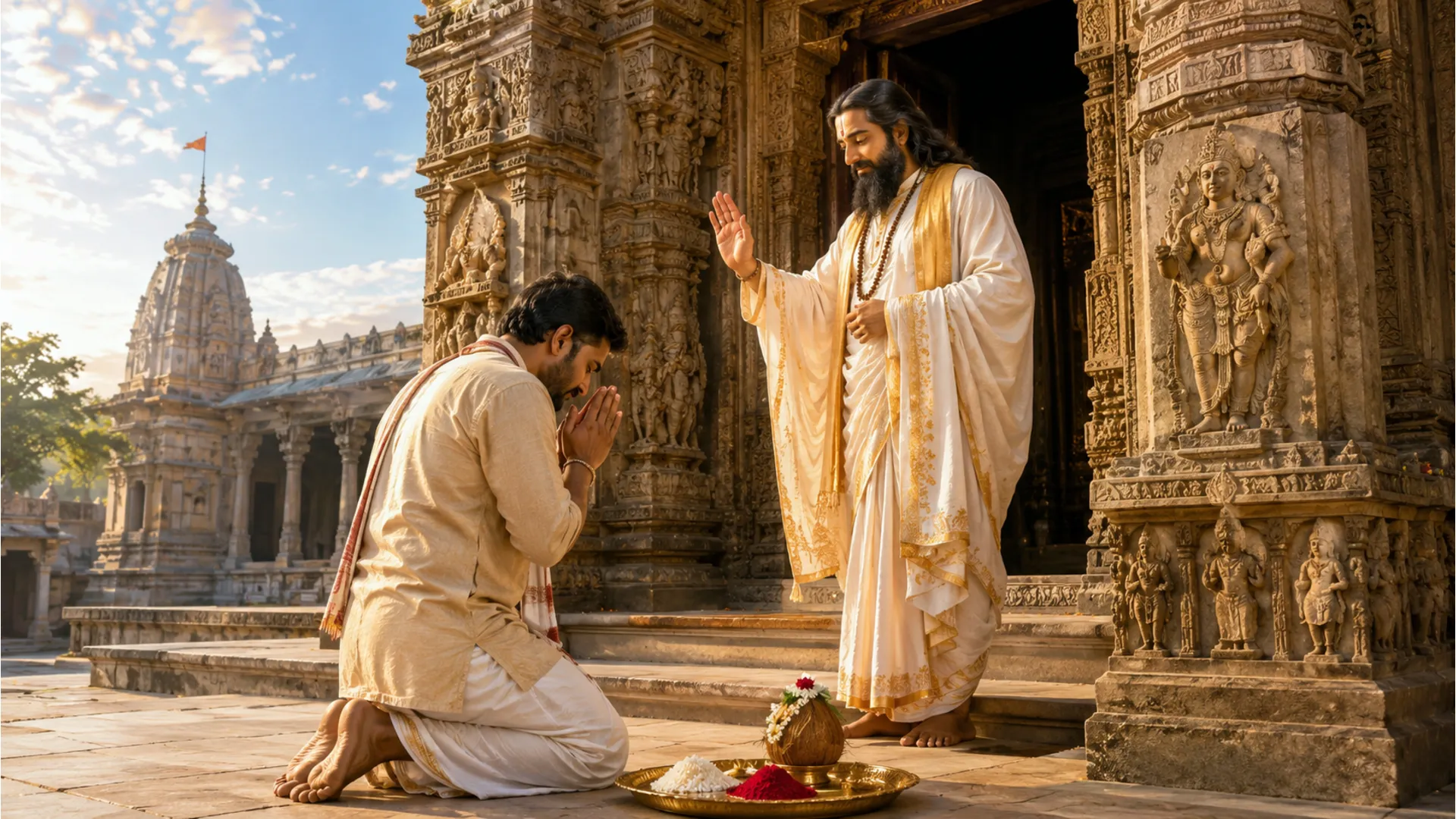 Spiritual entity blessing a praying devotee at the grand temple stairs