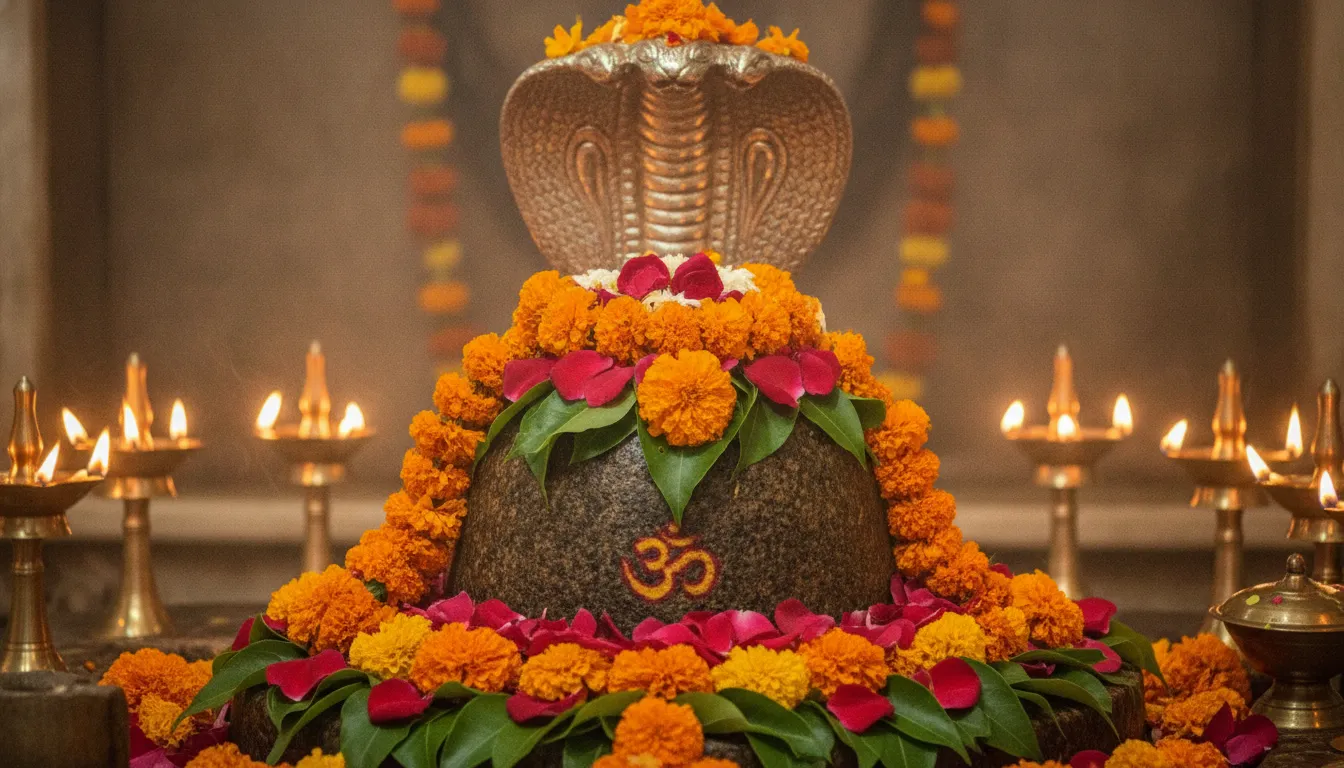 Sacred Omkareshwar shivling image featuring fresh morning flower decoration and a silver serpent hood.