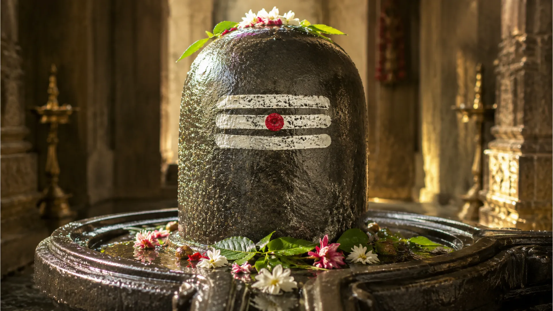 A close-up Tarakeswar shivling image featuring traditional morning shringar with sandalwood paste.