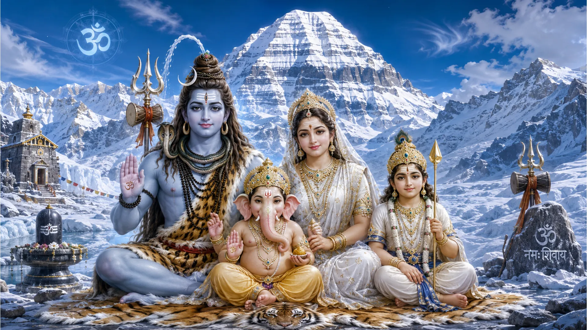 Traditional illustration of Shiva family resting in the snowy peaks of Mount Kailash