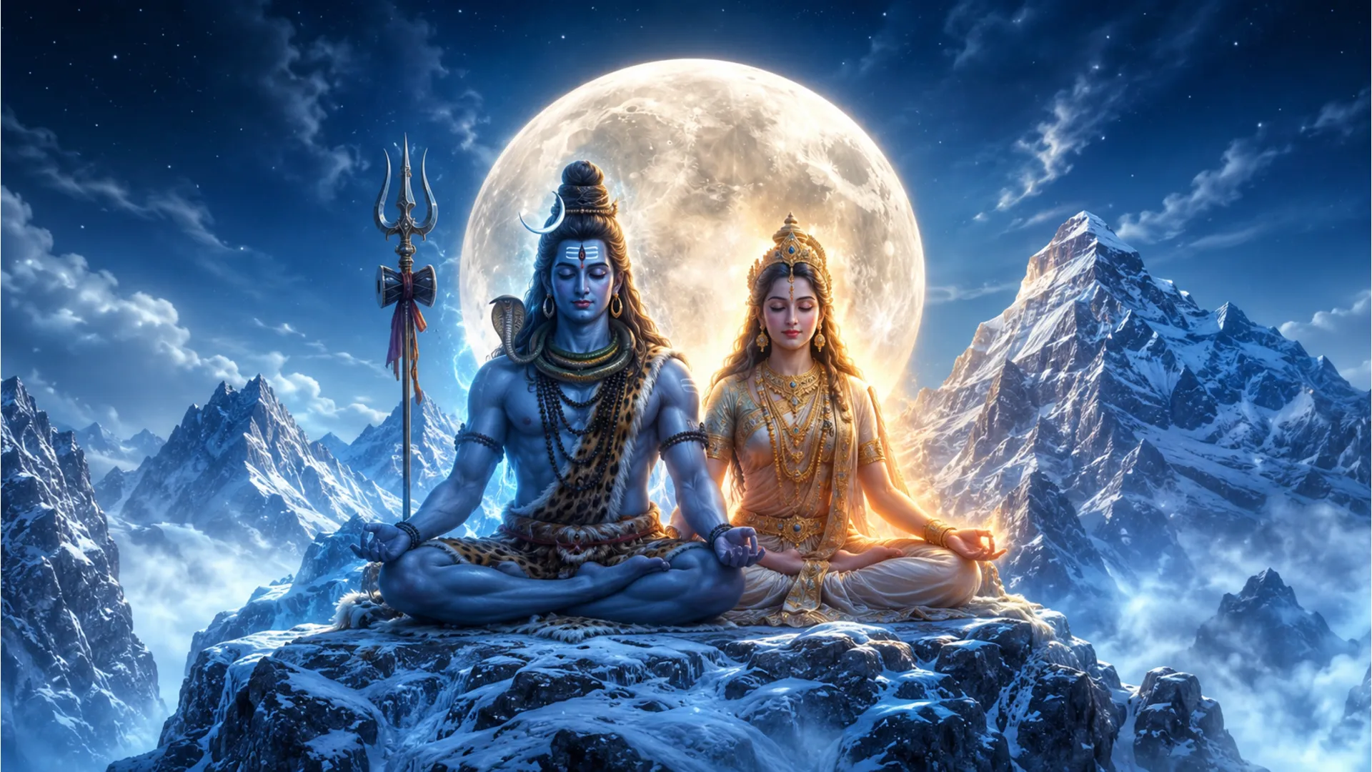 shiva parvati doing yoga meditation on mount kailash with moon