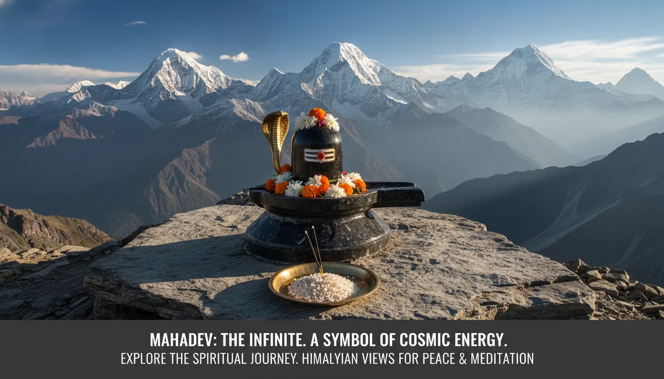 Majestic stone Shivling situated on a high mountain cliff with beautiful snow-capped peaks in the background