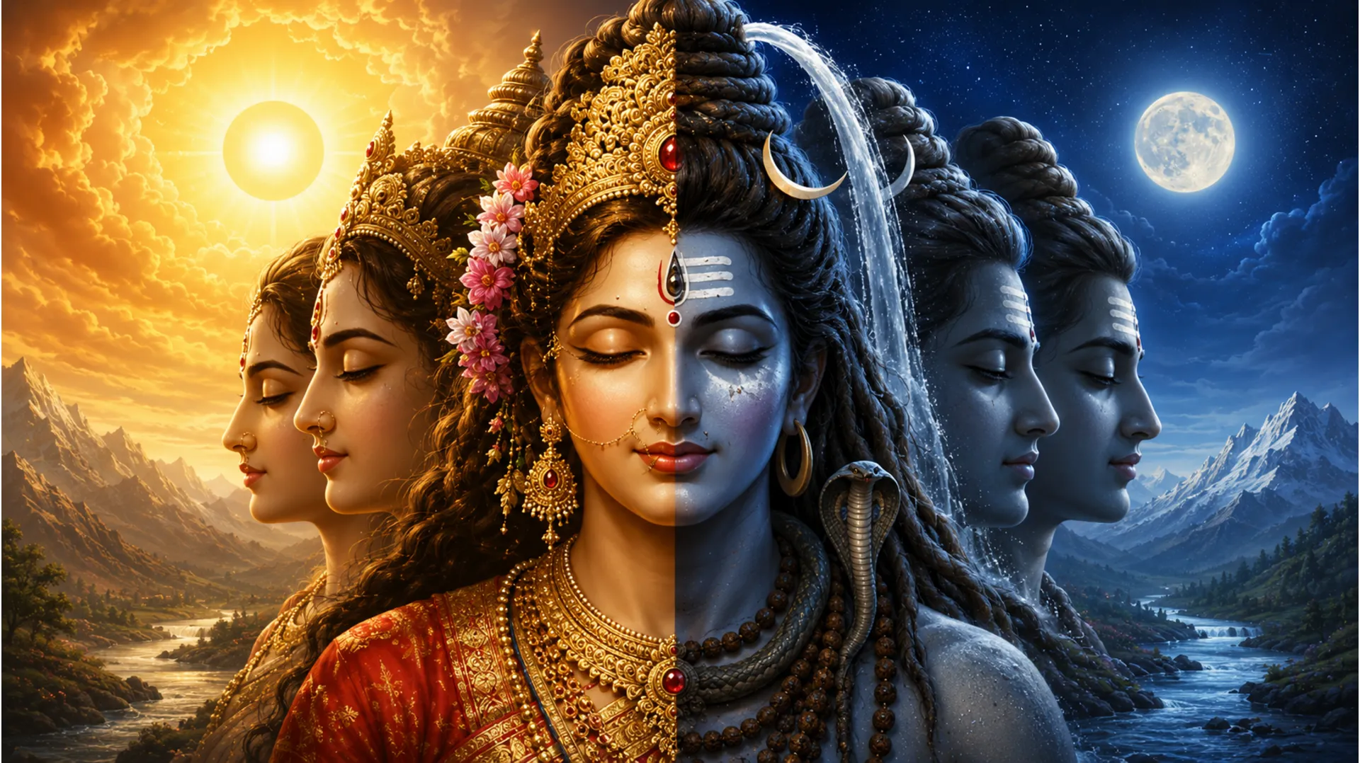 Half-male half-female multi-faced Shiva and Parvati divine energy concept art