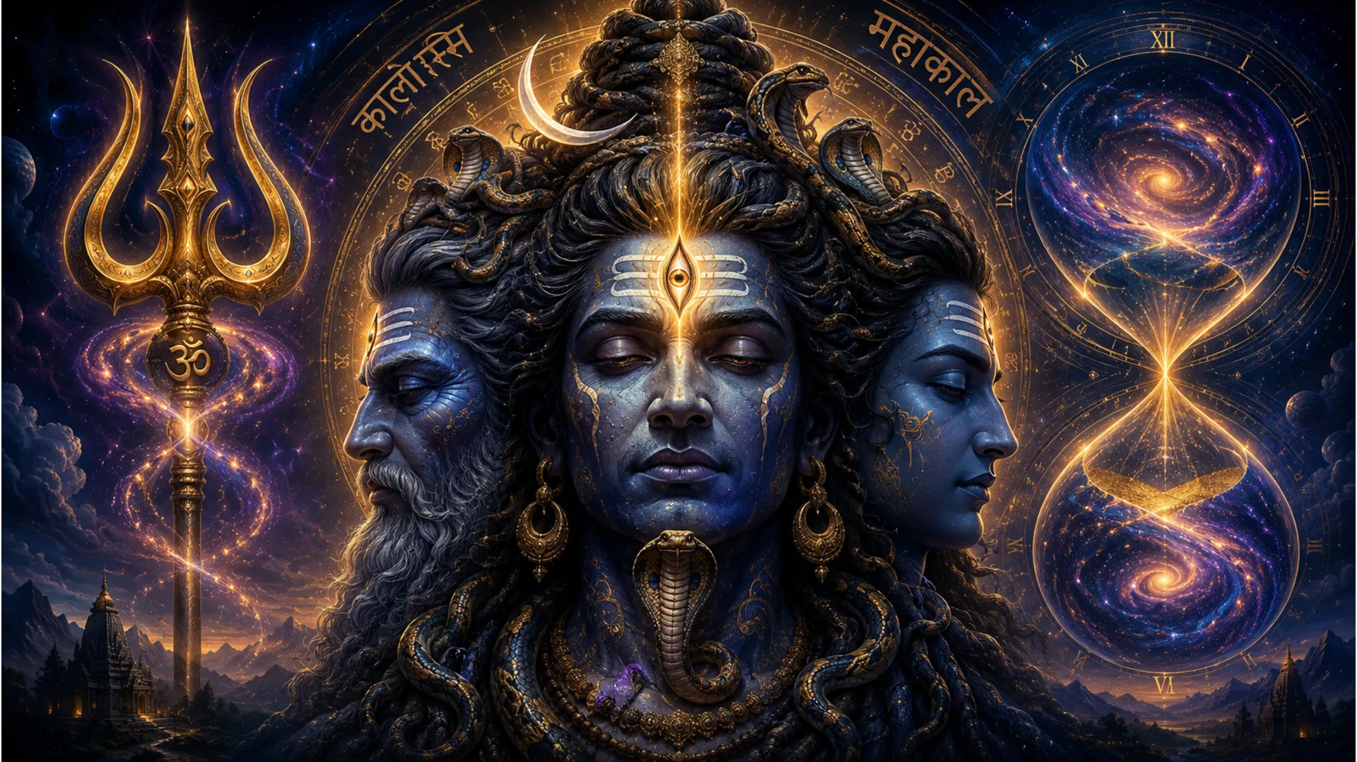 Golden and blue multi-faced Shiva holding a cosmic hourglass and trident