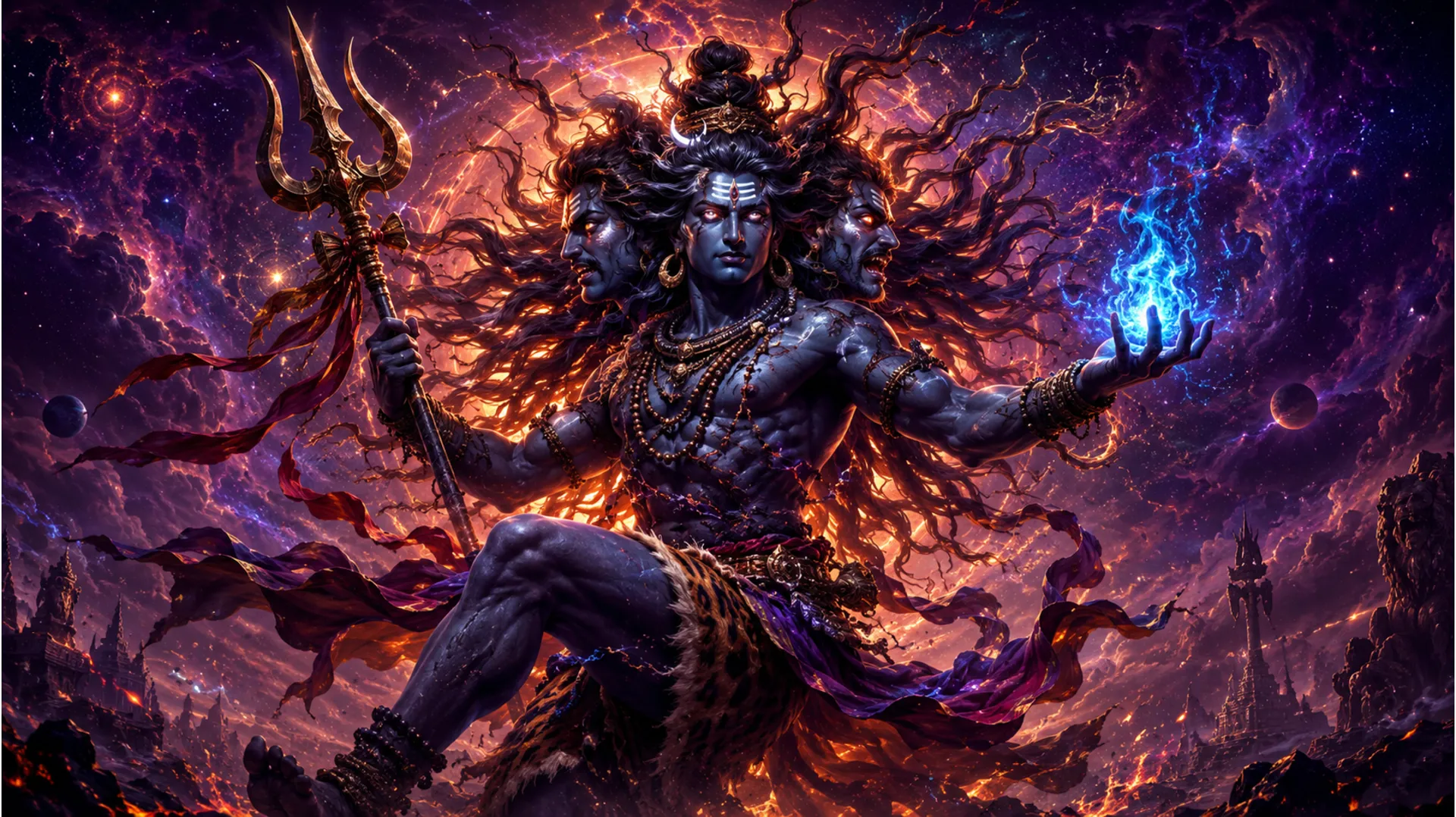 Angry multi-faced Shiva performing the destruction dance with cosmic energy fire effects