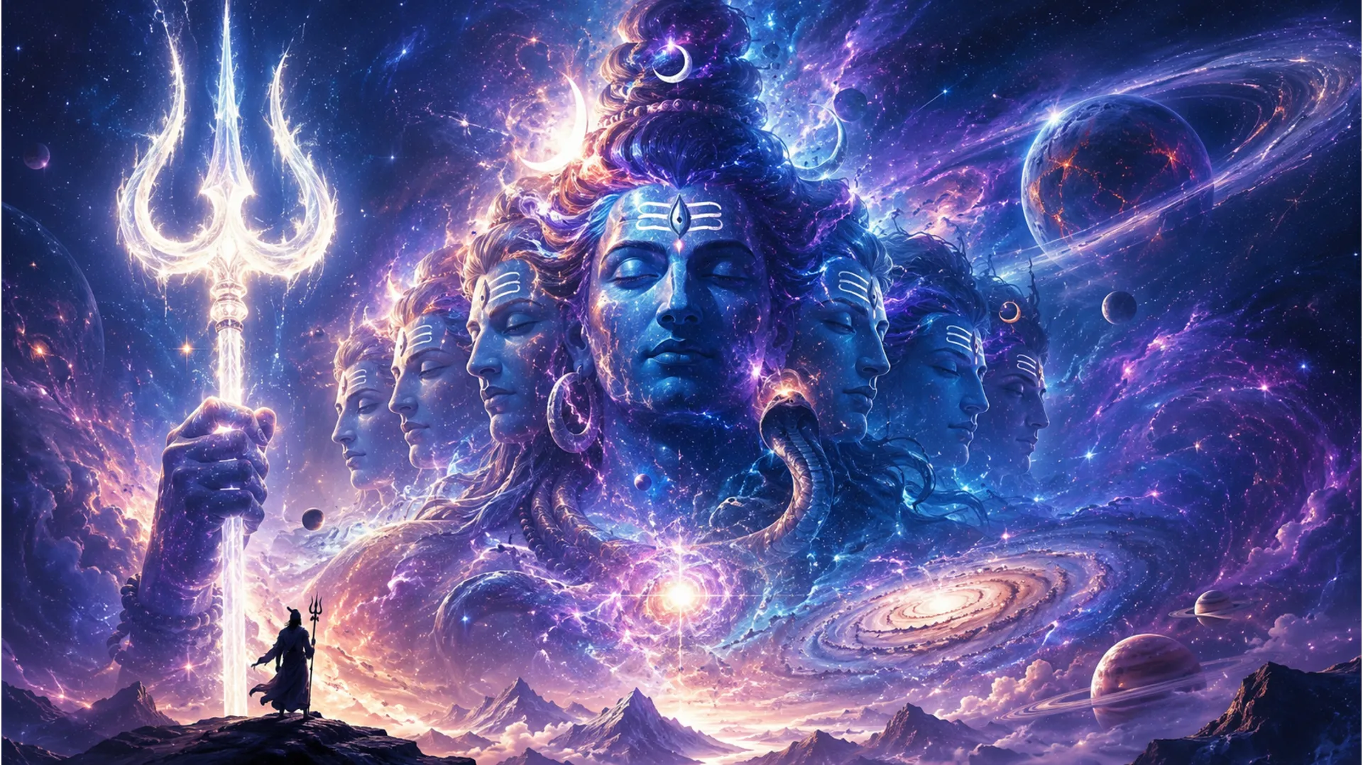 Abstract spiritual painting of multi-faced Shiva floating in a colorful cosmic nebula