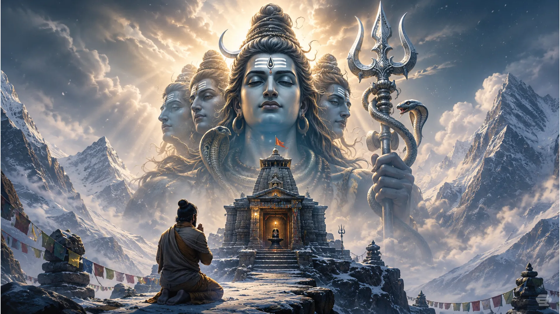 Multi-faced Shiva standing behind a small ancient stone shrine with a praying devotee