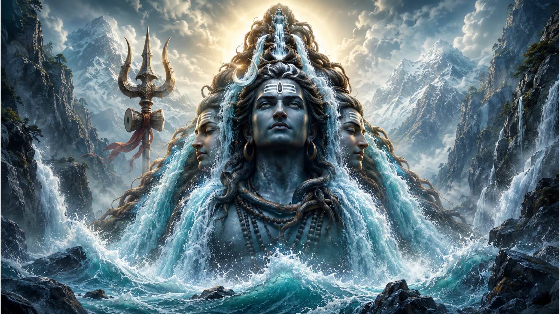 Three-faced Shiva with water splashing from his hair forming a river in a canyon
