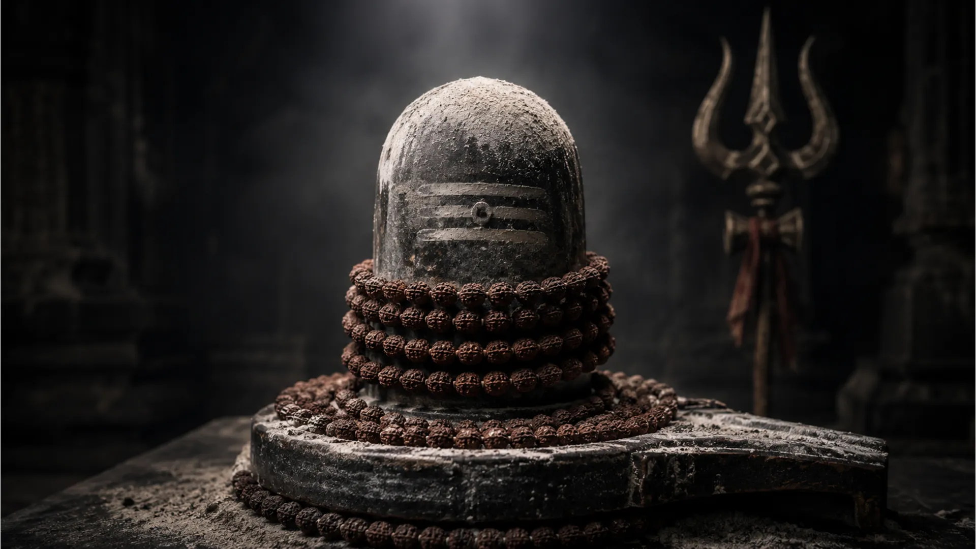 A dark stone Shivling intensely decorated with sacred holy ash and thick strings of Rudraksha beads
