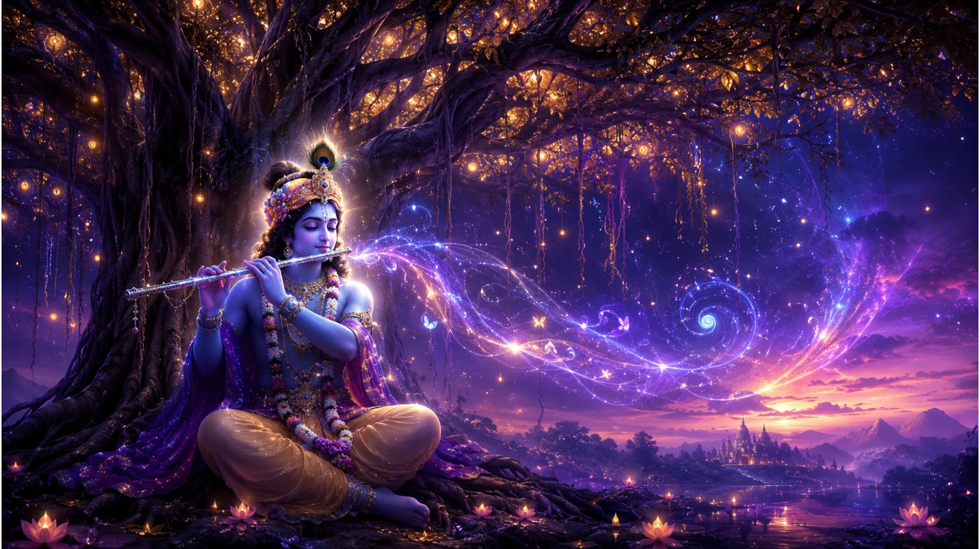 Spiritual illustration of a divine figure playing a flute under a massive cosmic banyan tree.