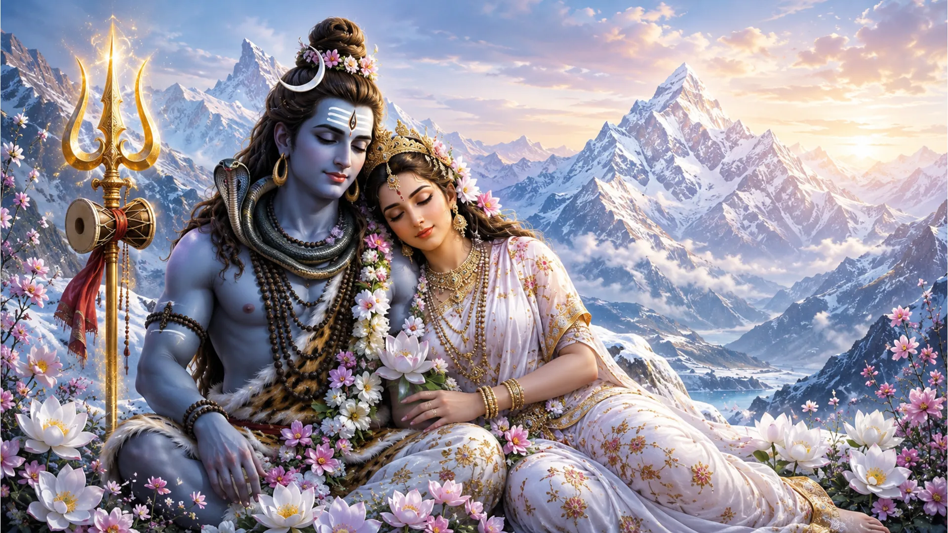 shiva parvati himalayan background white flowers trishul aesthetic