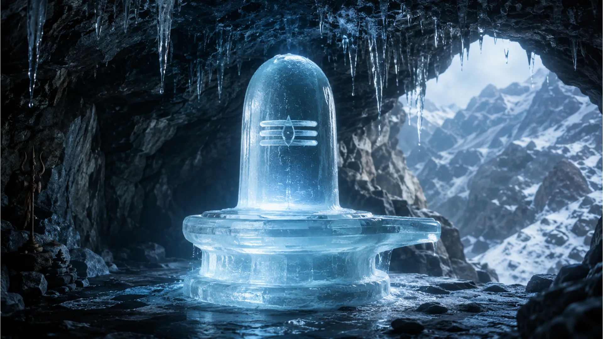 Sacred ice shivling images full hd formed naturally inside a glowing Himalayan cave with soft blue lighting.