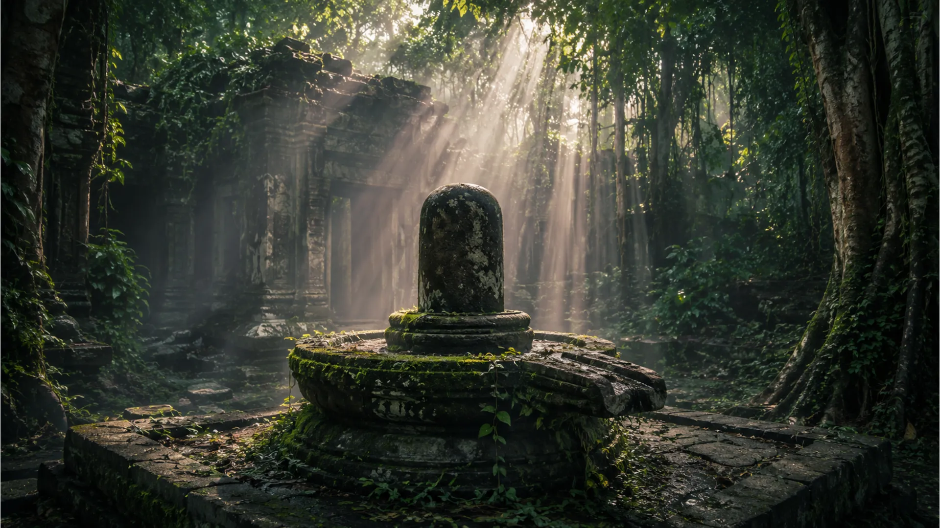 Overgrown ancient stone Shivling image photo inside a mystical green forest ruins