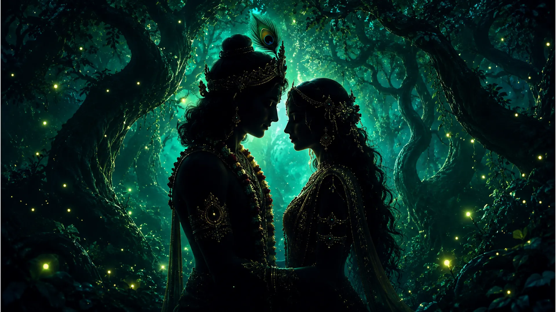 Two divine silhouettes facing each other inside a glowing mystical forest clearing.