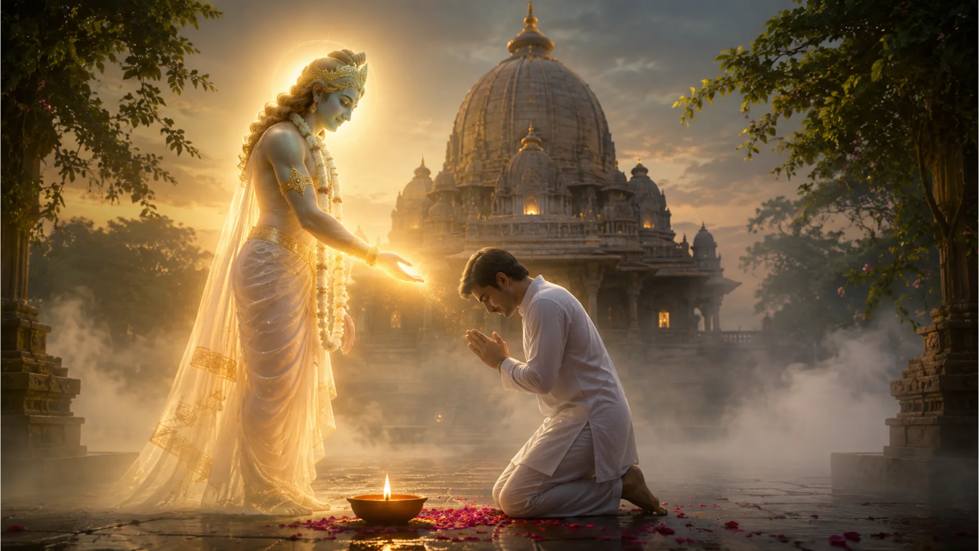 Celestial being giving blessings to a devotee in a misty temple courtyard
