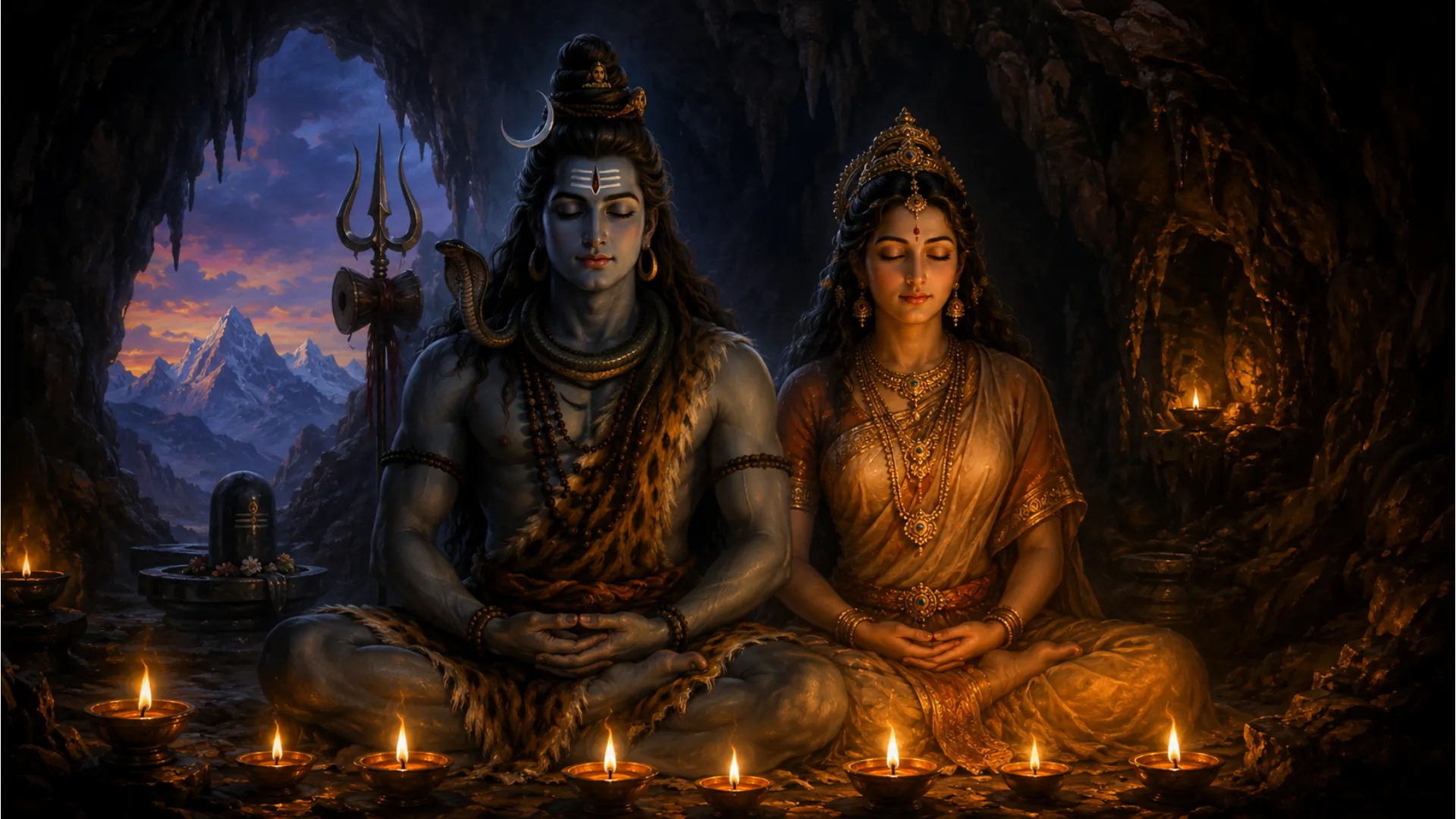Dark spiritual art of Shiva and Parvati meditating with soft glowing oil lamps in the foreground.