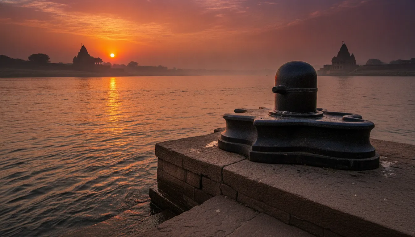 High definition Omkareshwar shivling image positioned majestically on the banks of the holy Narmada River during sunset.