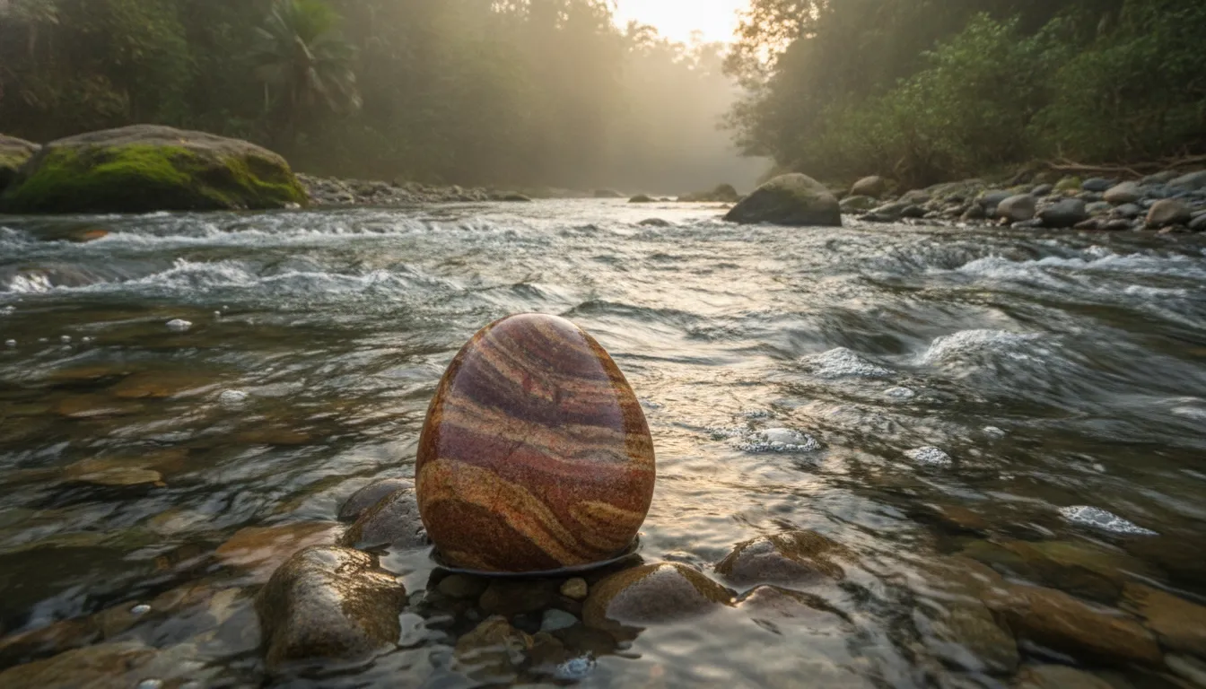 Naturally rolled Narmadeshwar shivling stone sitting on the banks of a flowing river.