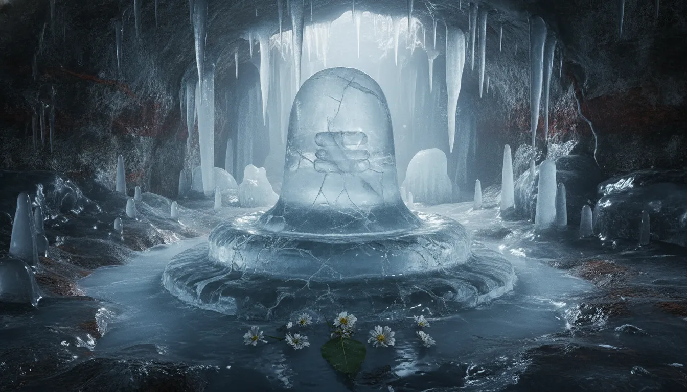 Natural ice stalagmite forming a sawan shivling image inside an alpine cave.