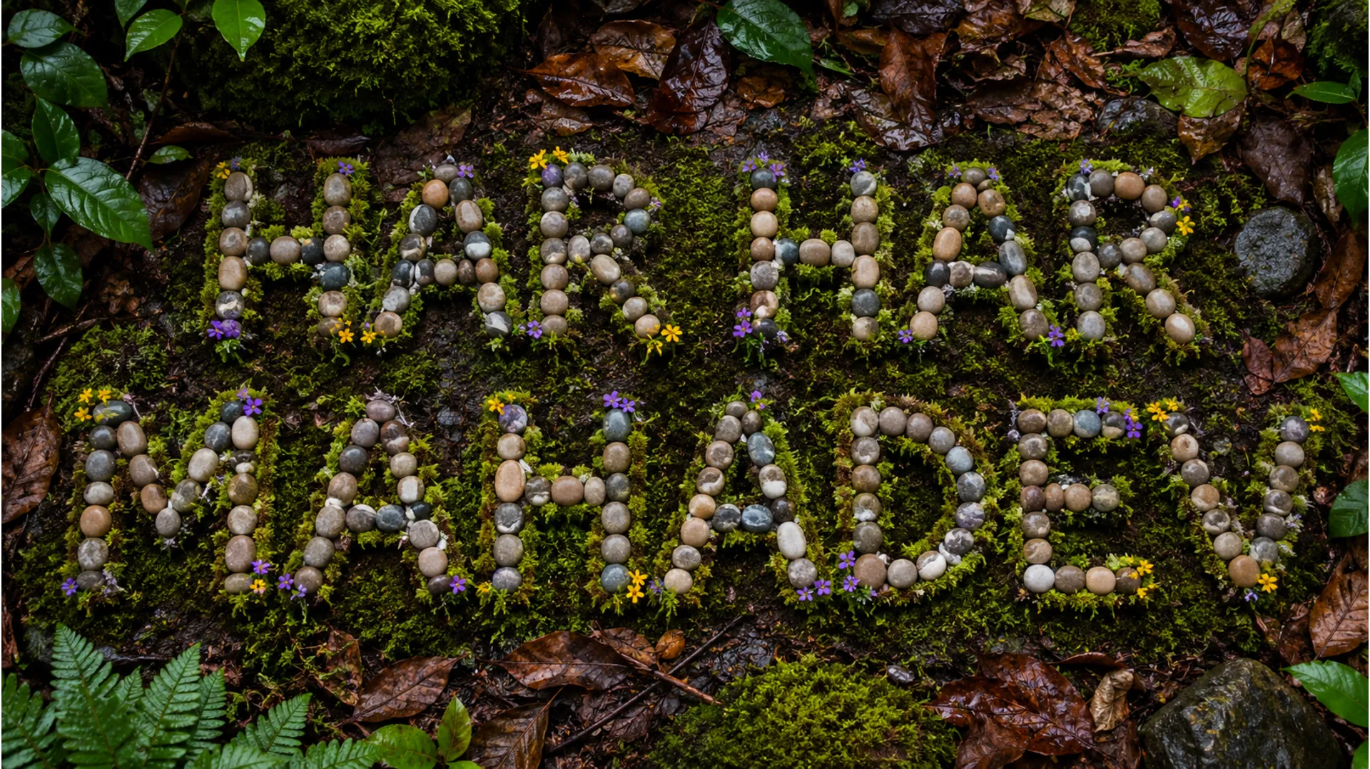 A high-quality clear photo camera flat lay (top-down) shot on a lush green forest floor, where the letters of the mantra 'HAR HAR MAHADEV' are meticulously formed using smooth river stones, twigs, and green moss, surrounded by small wildflowers.