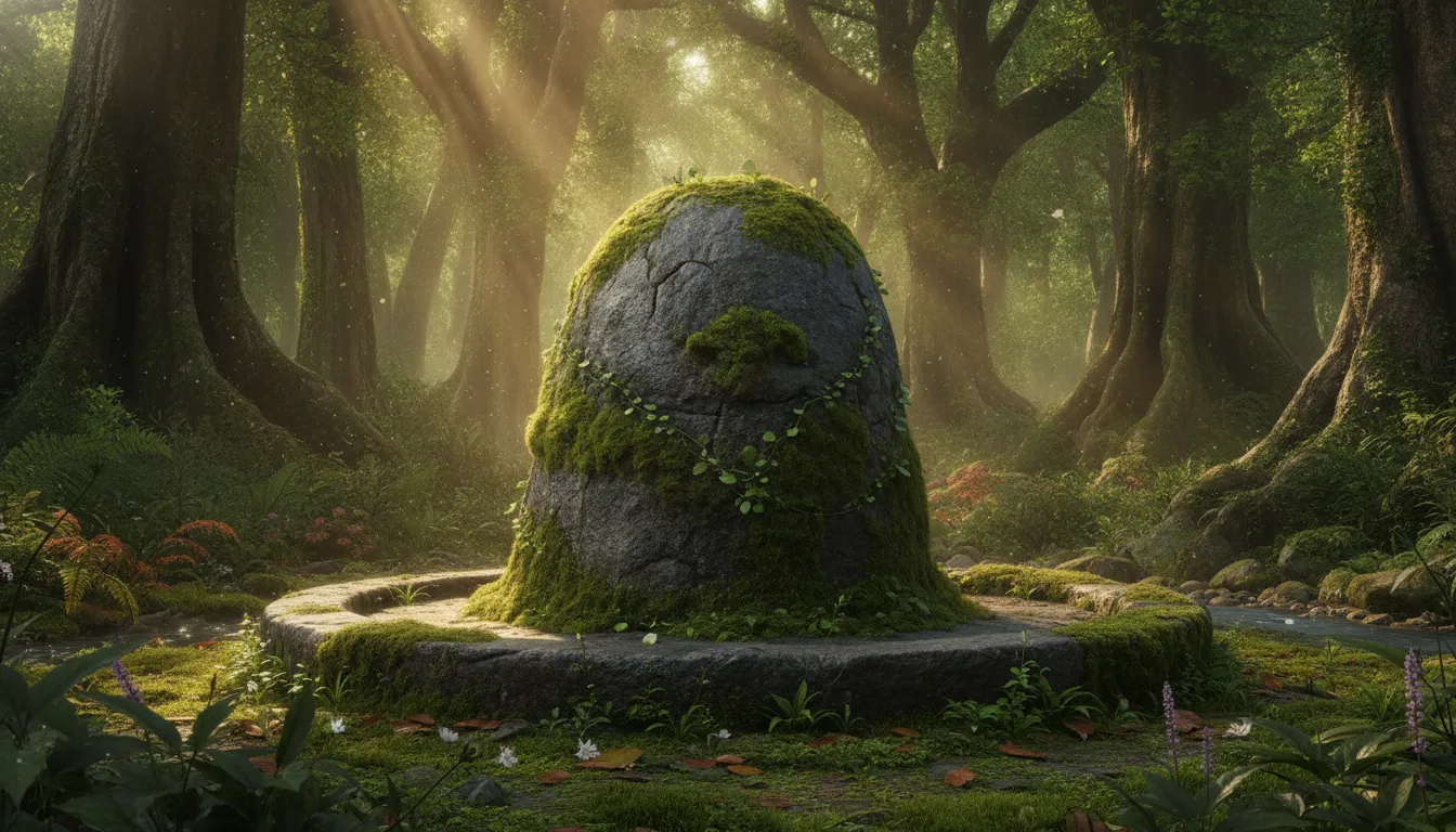 Ancient stone Shivling covered in green moss inside a deep sunlit forest with roots and wild leaves.