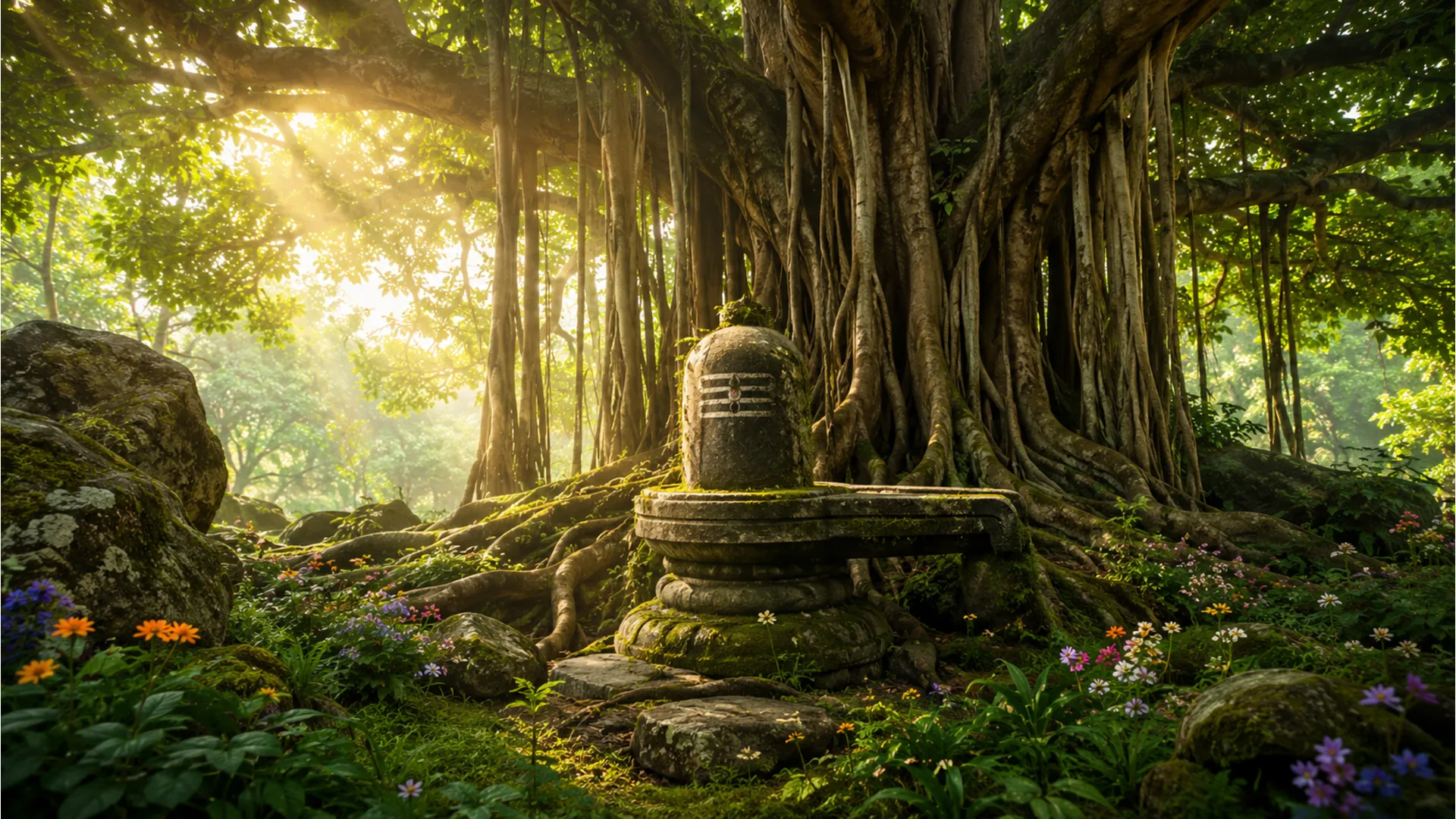 An old stone Shivling resting peacefully under a large Banyan tree in a green forest.