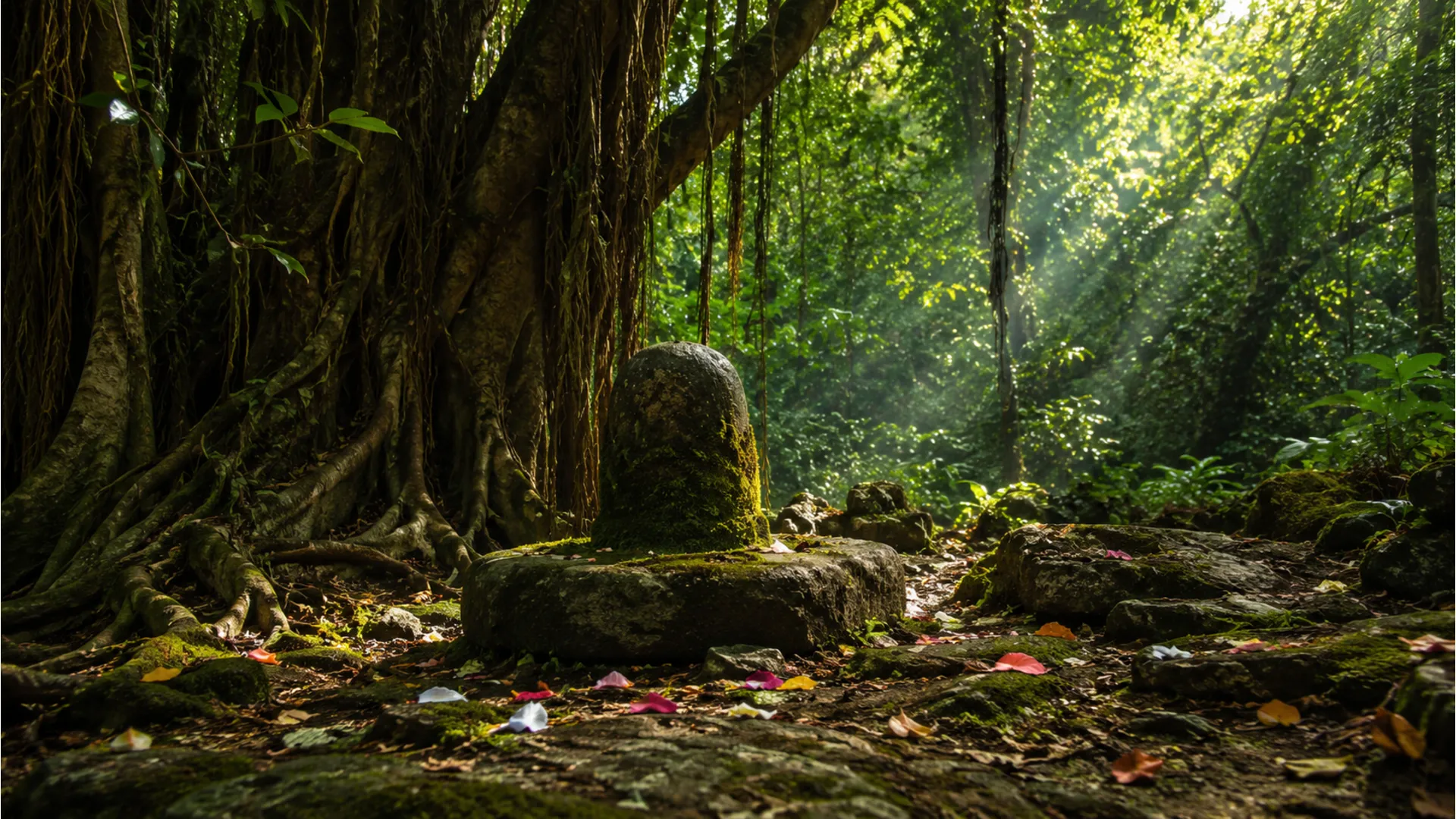 Swayambhu stone Shivling sitting naturally under a giant banyan tree in a green forest.