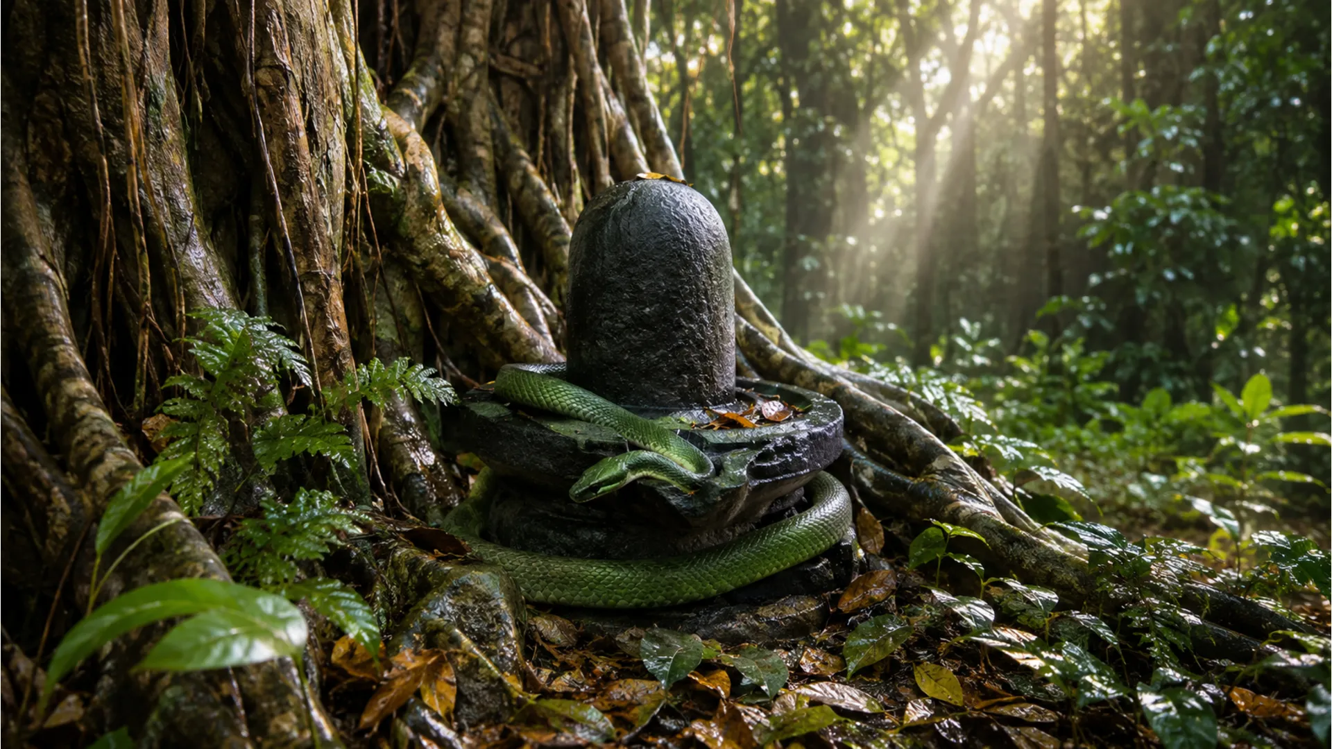 A natural stone Shivling at the roots of an ancient banyan forest tree with a green snake