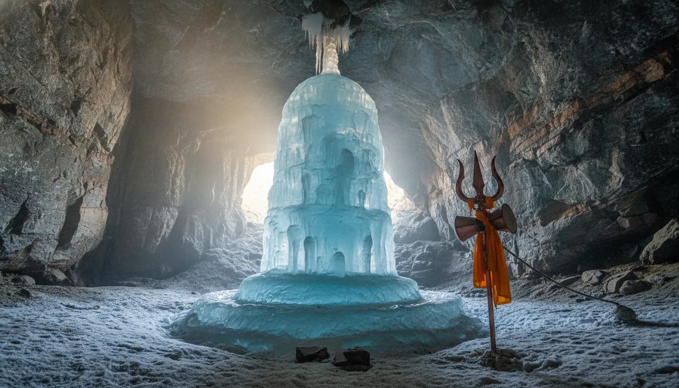 Natural pure white ice Shivling inside the sacred Amarnath cave with a copper Trishul nearby.