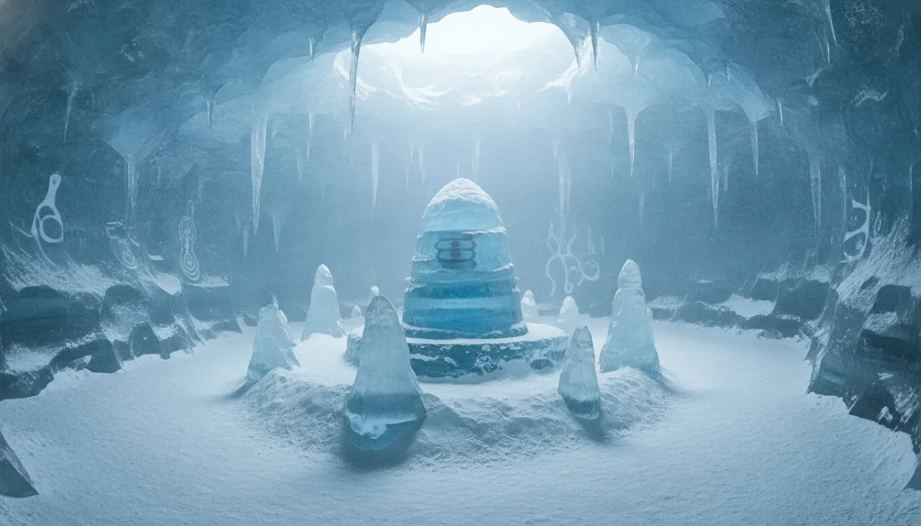 Natural ice Shivling formed inside a snowy Himalayan cave surrounded by soft winter light