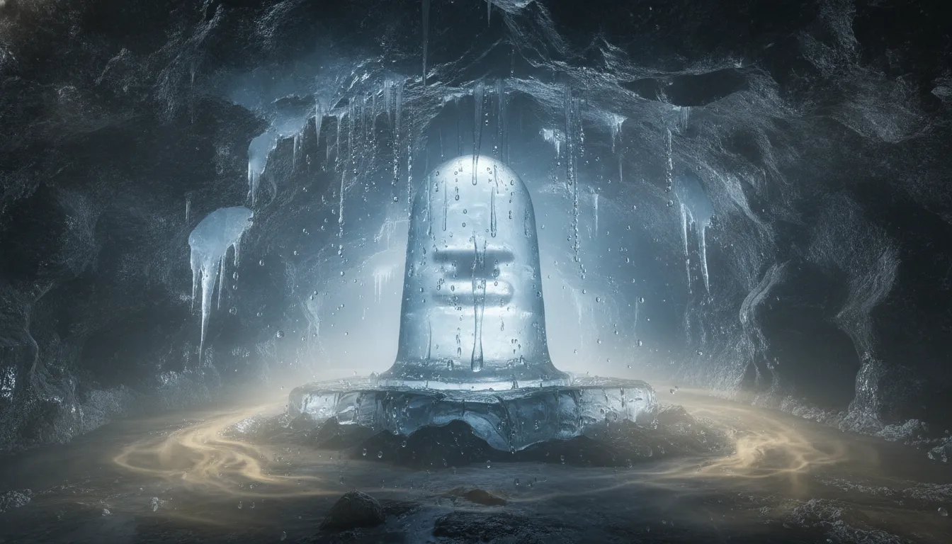 A natural ice Shivling formed inside a dark crystal cave with ethereal blue light filtering through.