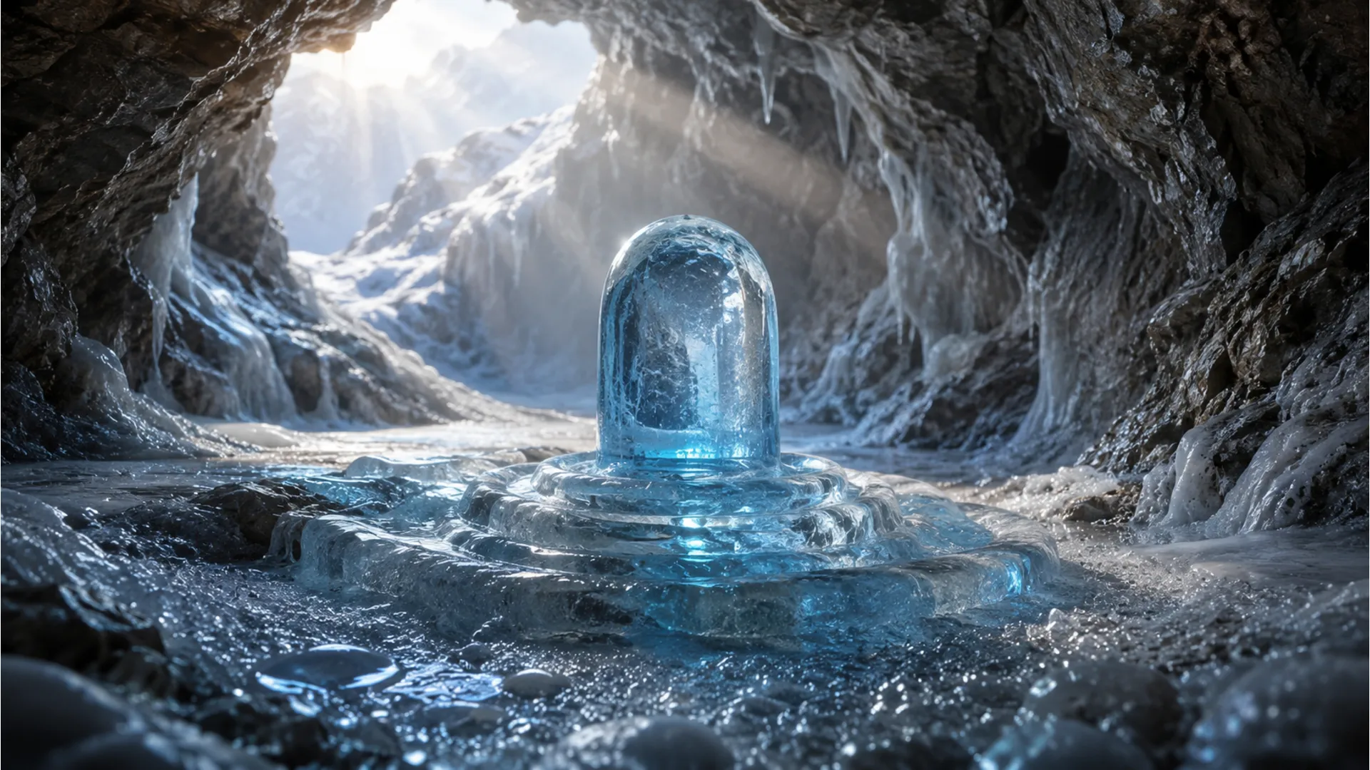 Sacred ice Shivling glowing naturally inside a mystical mountain cave.
