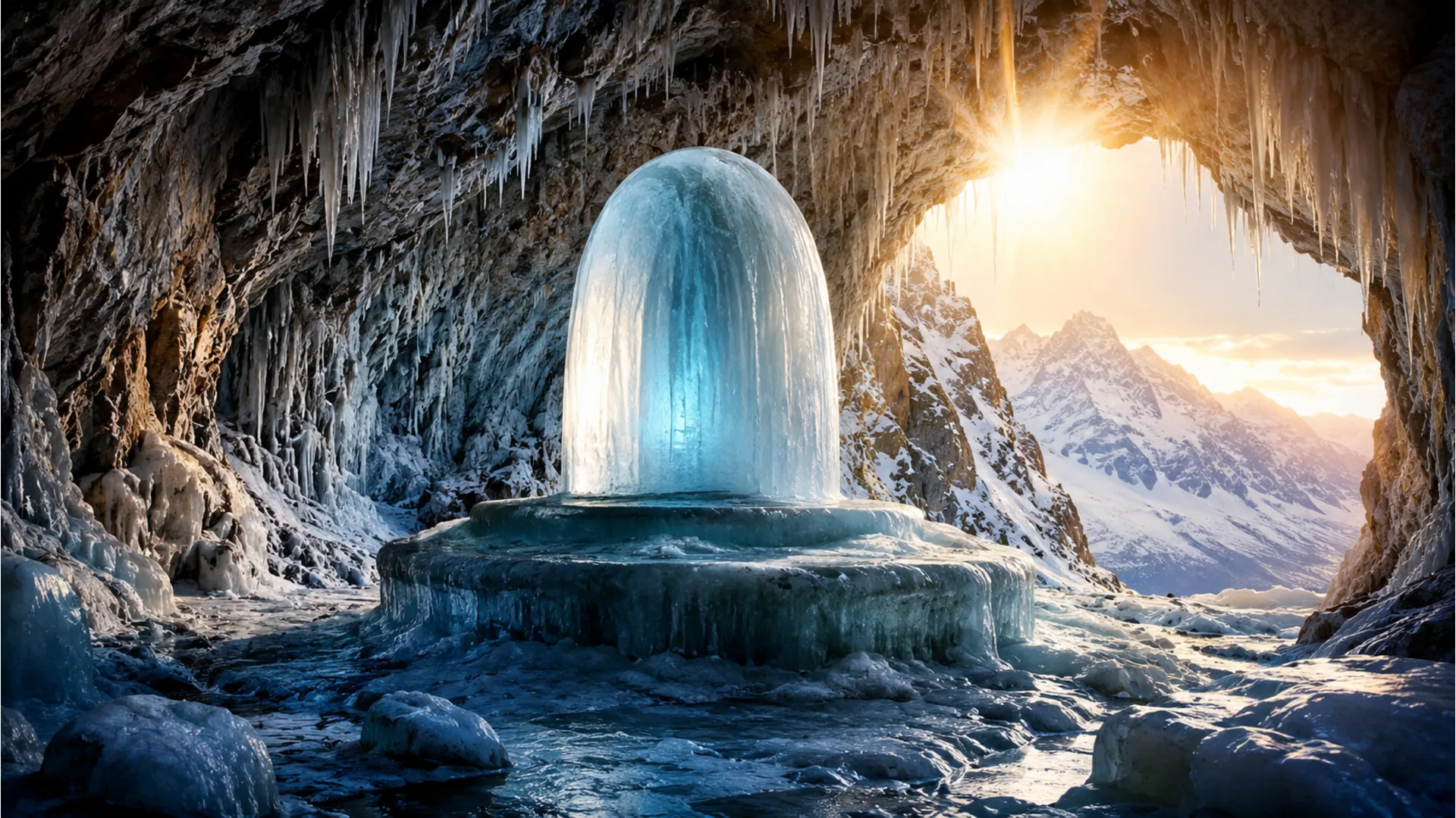 Divine natural Ice Shivling inside the snow-covered Amarnath cave.
