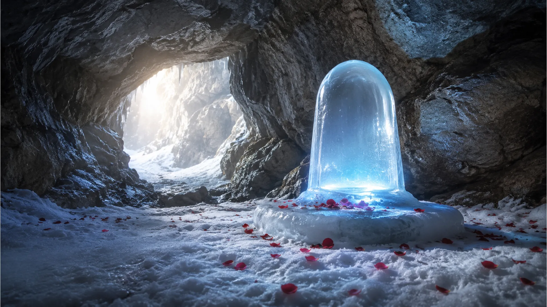 Majestic natural ice Shivling formed inside a mystical Himalayan cave with soft blue lighting.