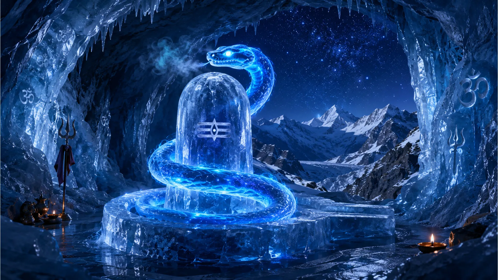 A natural ice Shivling inside a Himalayan cave wrapped by a glowing blue mystical serpent