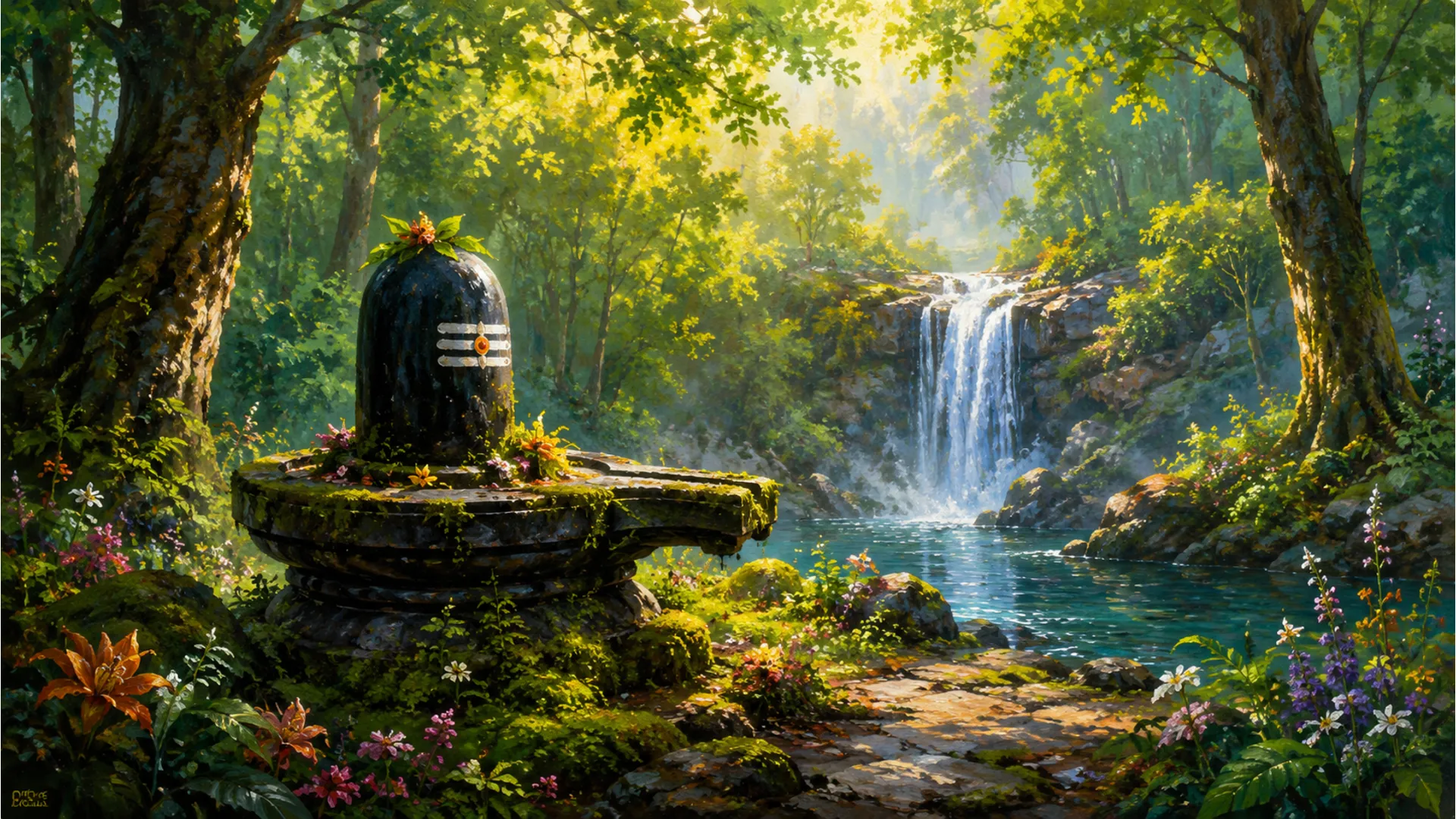 Peaceful acrylic painting of a natural stone Shivling inside a lush green forest by a waterfall.