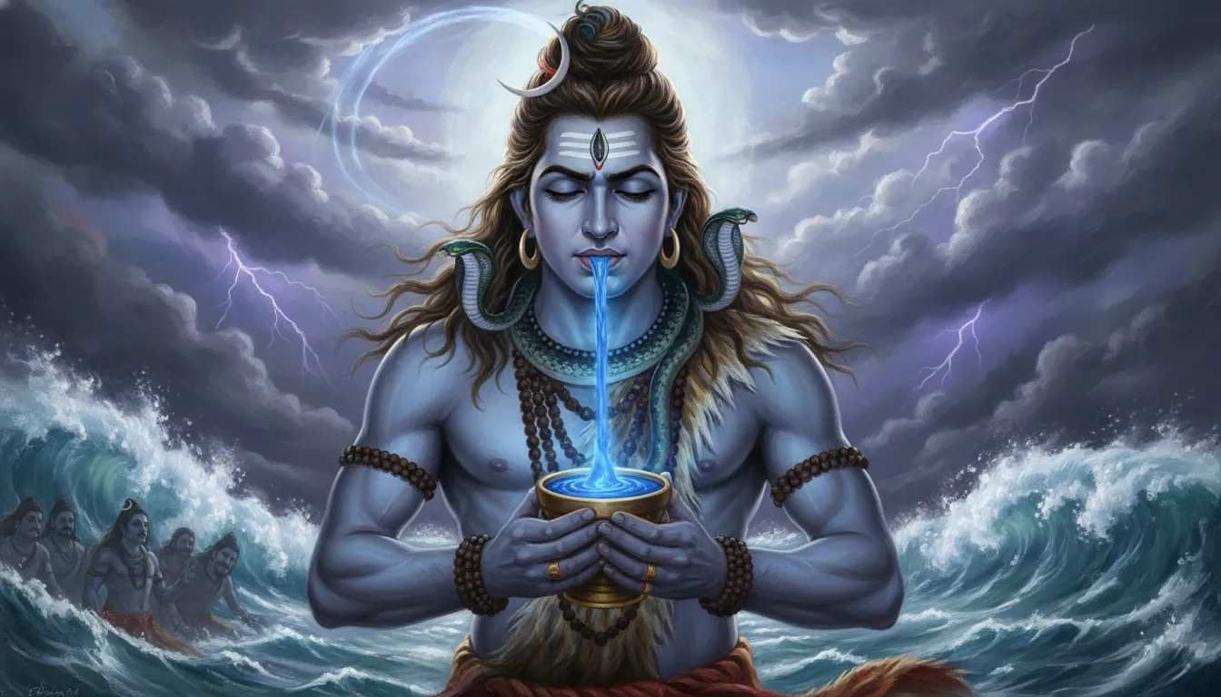 Lord Shiva saving the universe by consuming the Halahala poison.