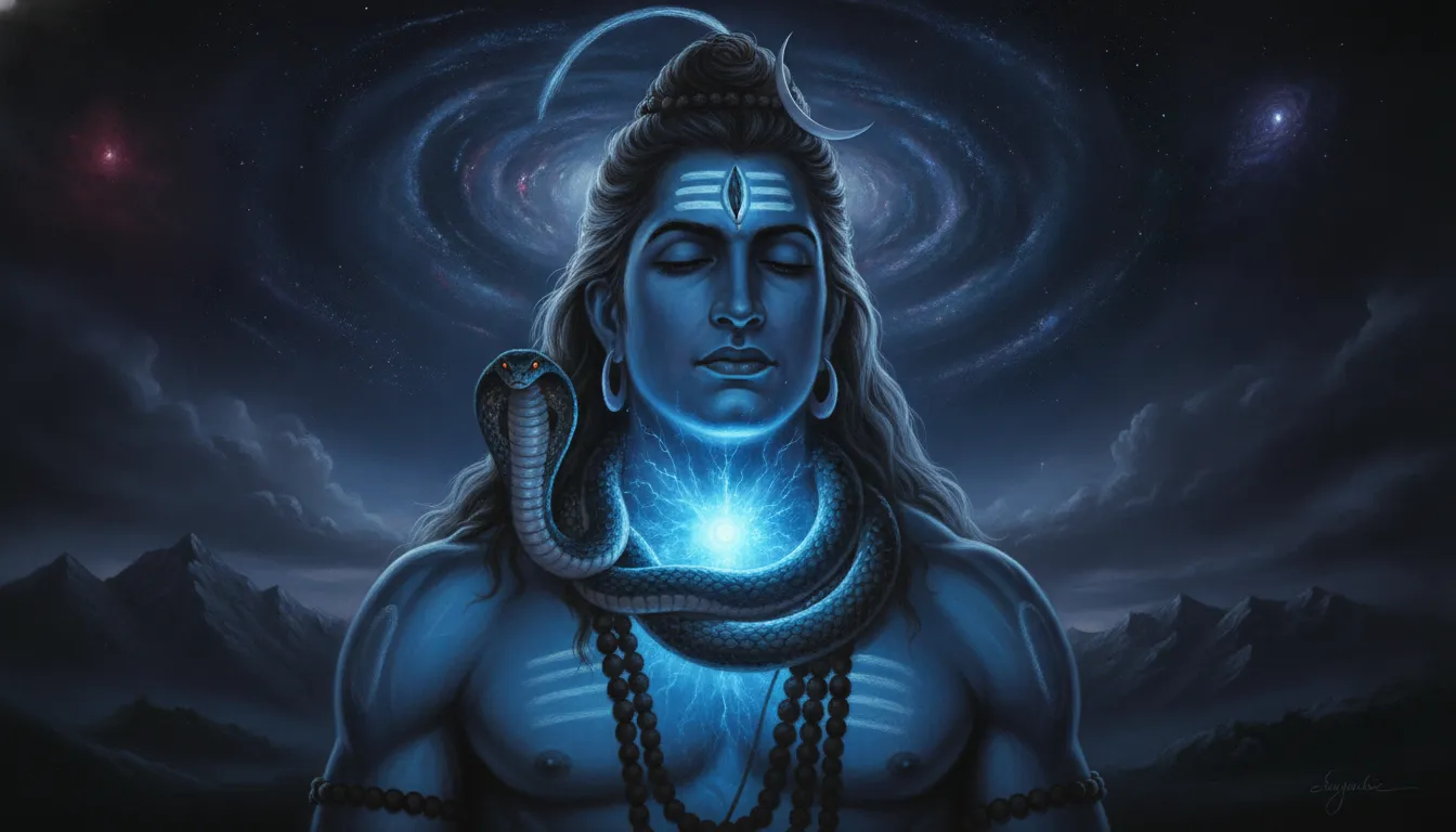 Lord Shiva as Neelkanth with a glowing blue throat after consuming the cosmic poison.