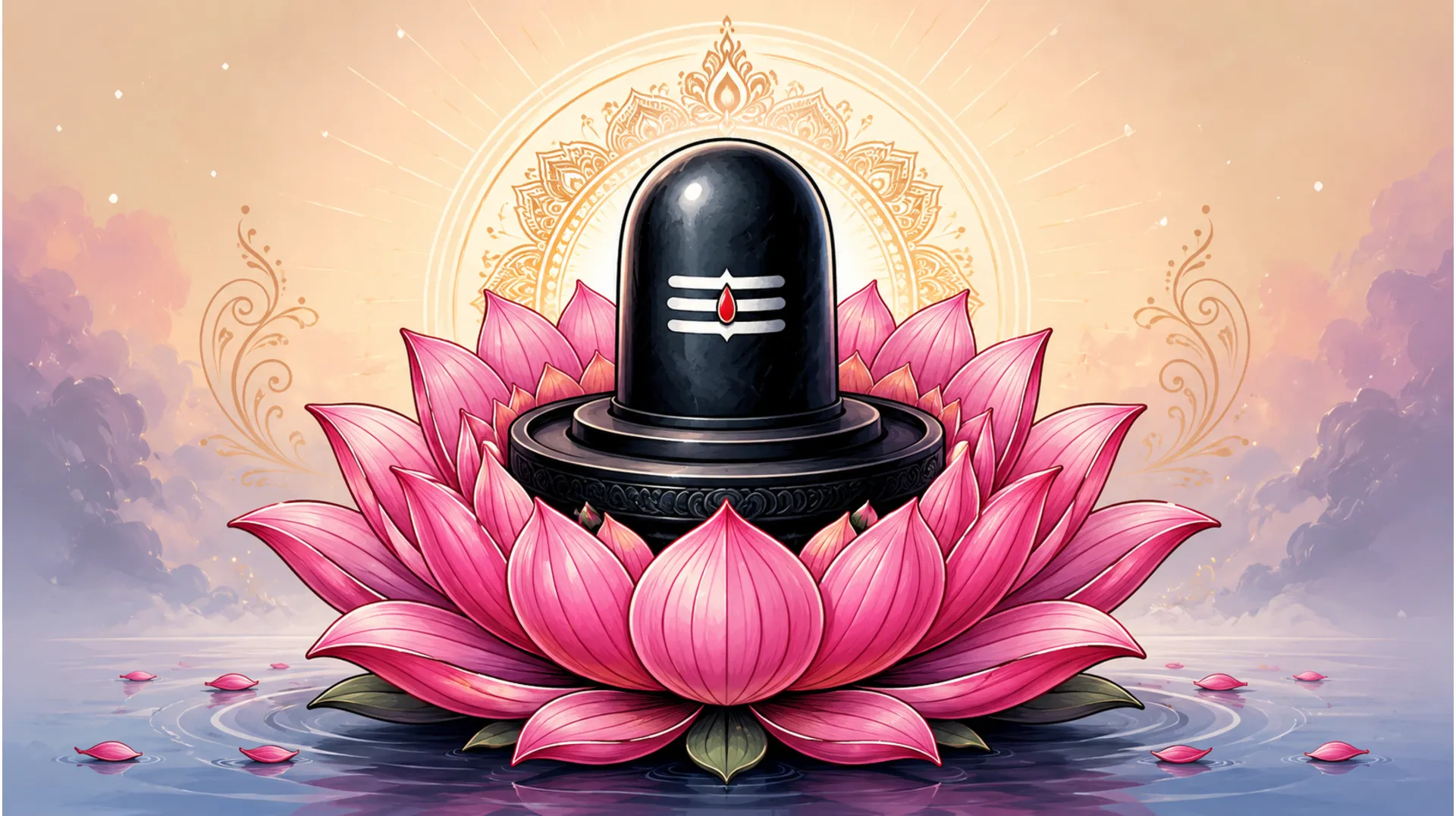 Neo-traditional tattoo image of a dark stone shivling resting on a blooming pink lotus flower with bold outlines.